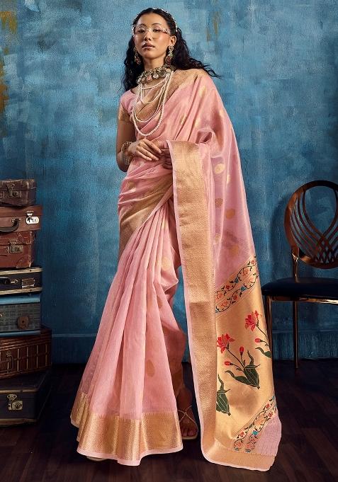 Pink Woven Design Tissue Saree Set — view on Indya