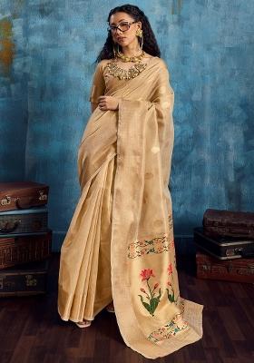 Cream Woven Design Tissue Saree Set