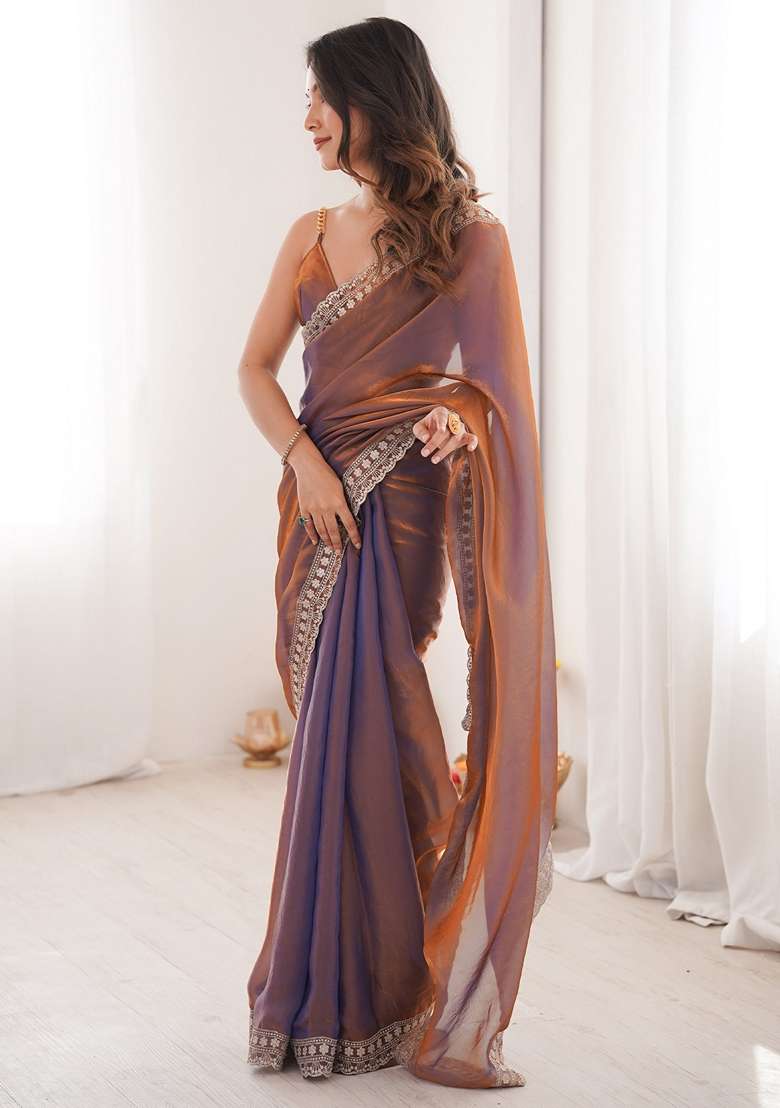 Bronze Embroidered Satin Saree Set - Indya