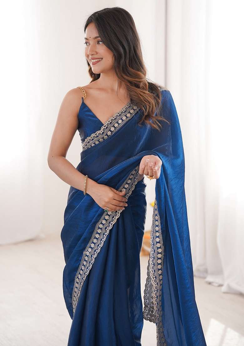 Blue Embroidered Satin Saree Set - Indya