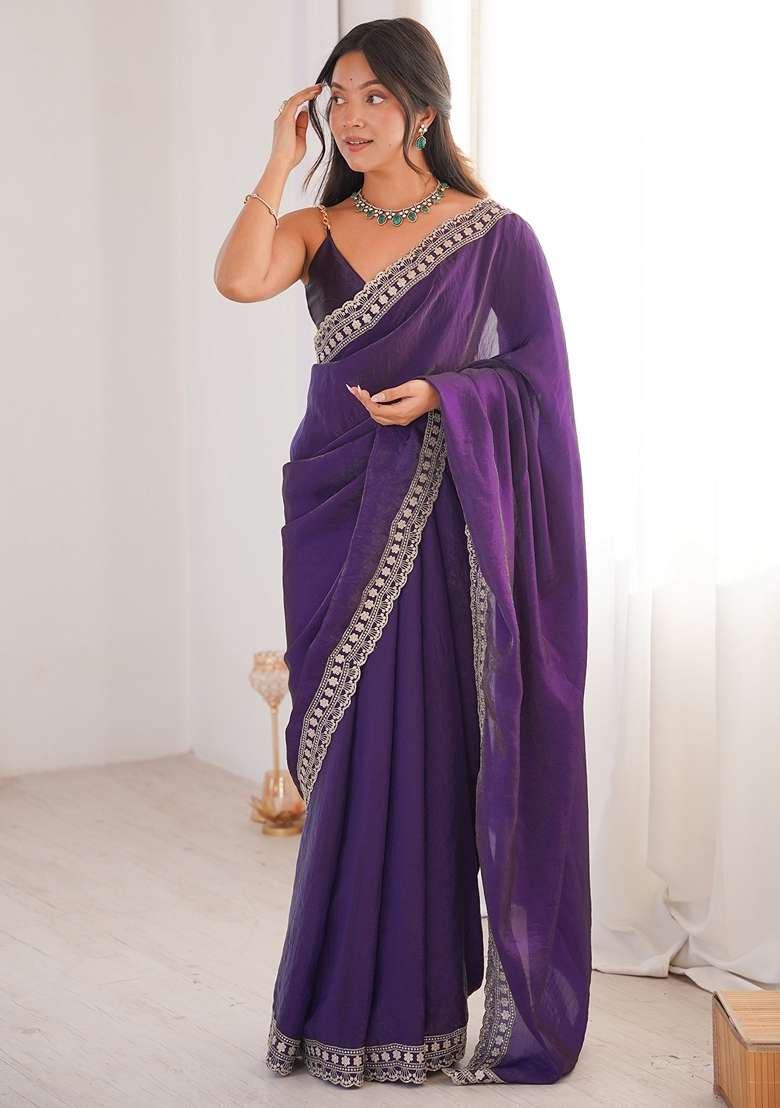 Purple Satin Saree Set with Embroidered for Diwali | Wedding & Festive Wear - Indya
