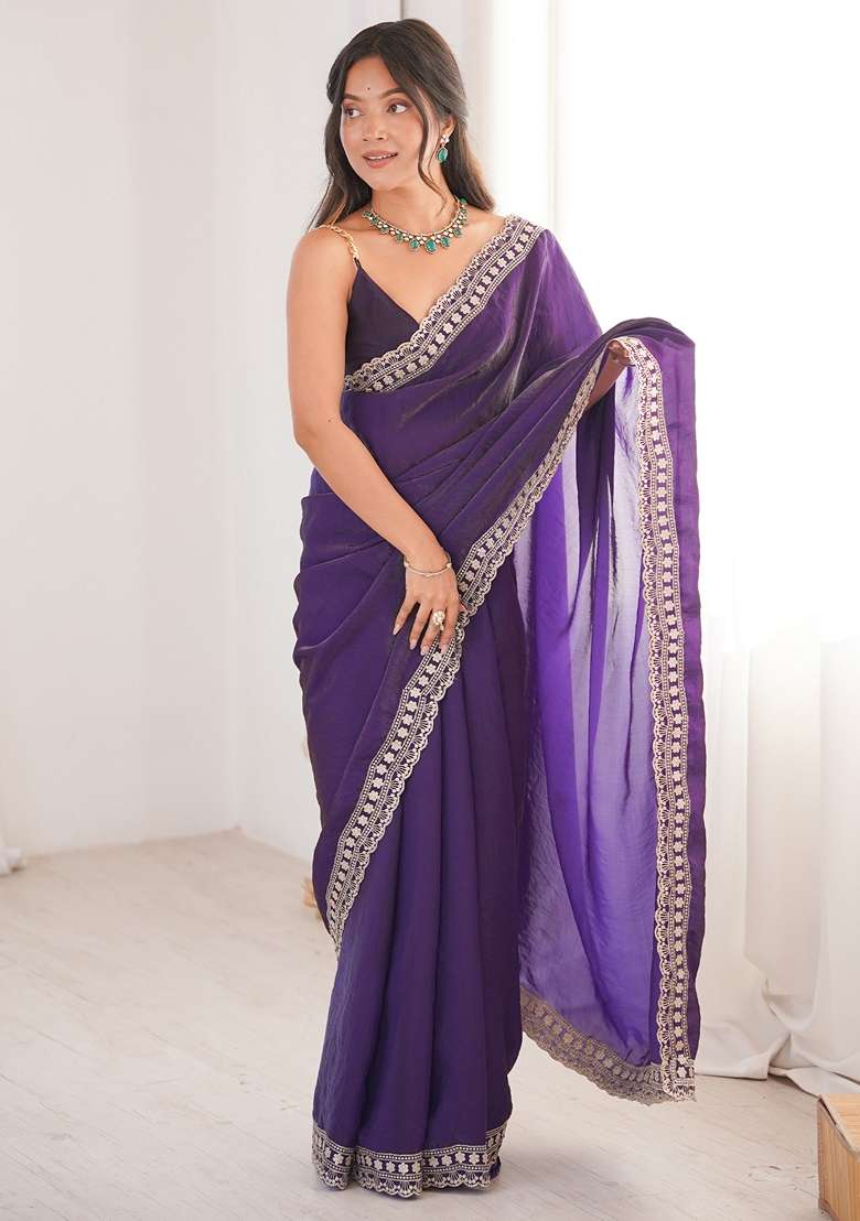 Purple Satin Saree Set with Embroidered for Diwali | Wedding & Festive Wear - Indya