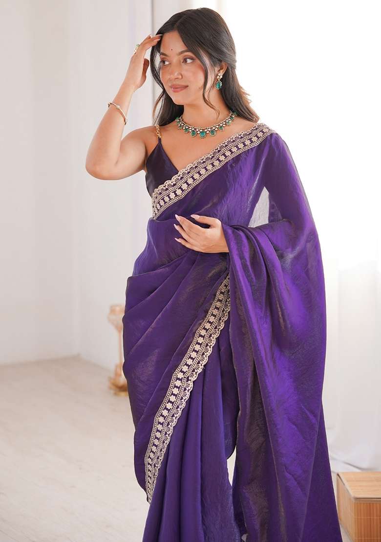Purple Satin Saree Set with Embroidered for Diwali | Wedding & Festive Wear - Indya