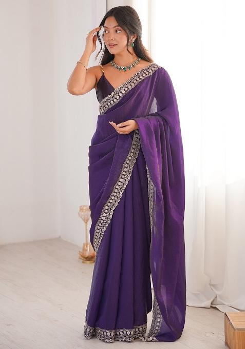Purple Embroidered Satin Saree Set