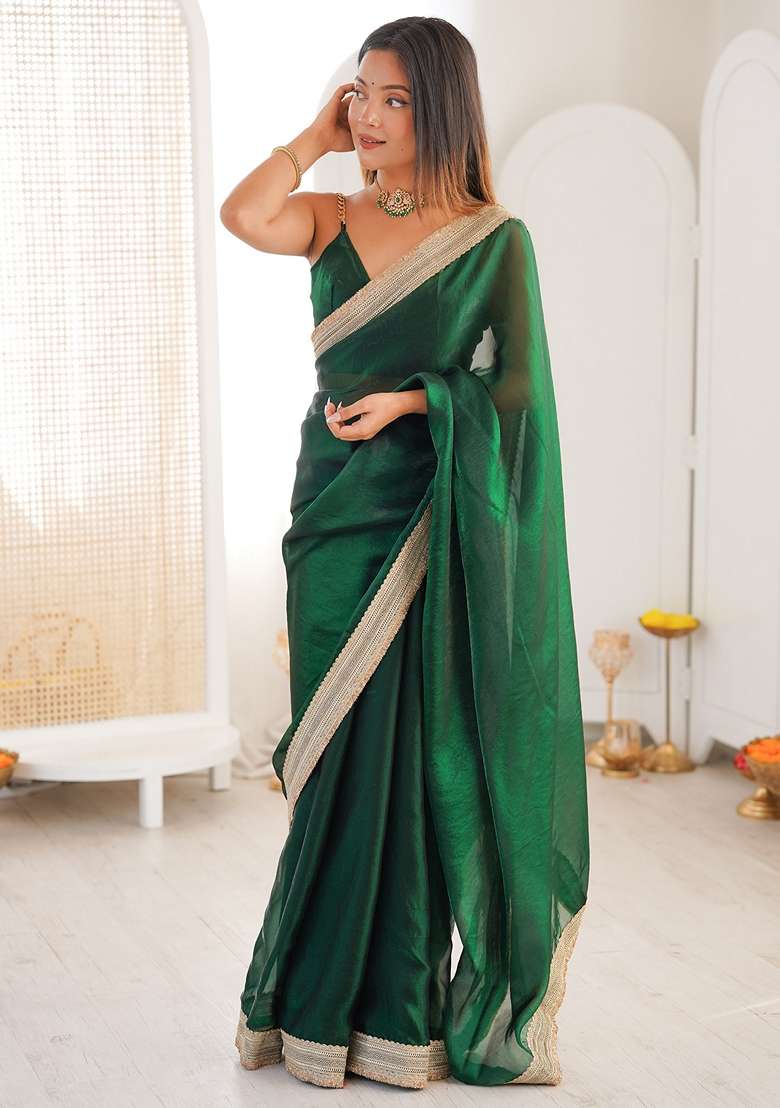 Dark Green Embroidered Satin Saree Set for Diwali and Festive Wear - Indya