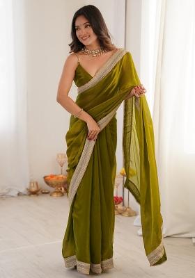 Olive Embroidered Satin Saree Set