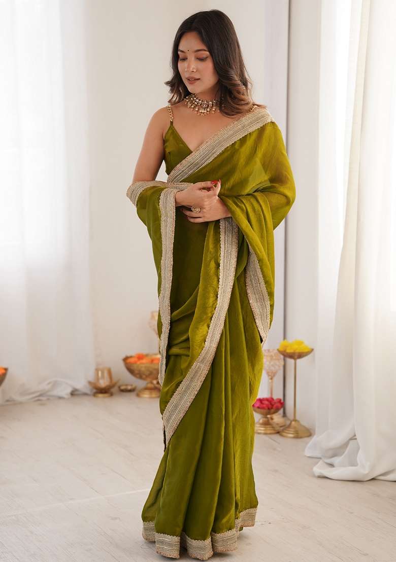 Olive Embroidered Satin Saree Set for Diwali and Festive Wear - Indya