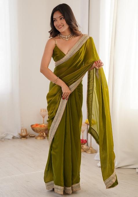 Olive Embroidered Satin Saree Set