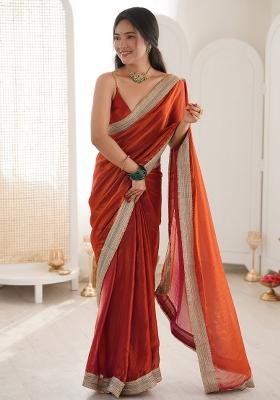 Orange Embroidered Satin Saree Set