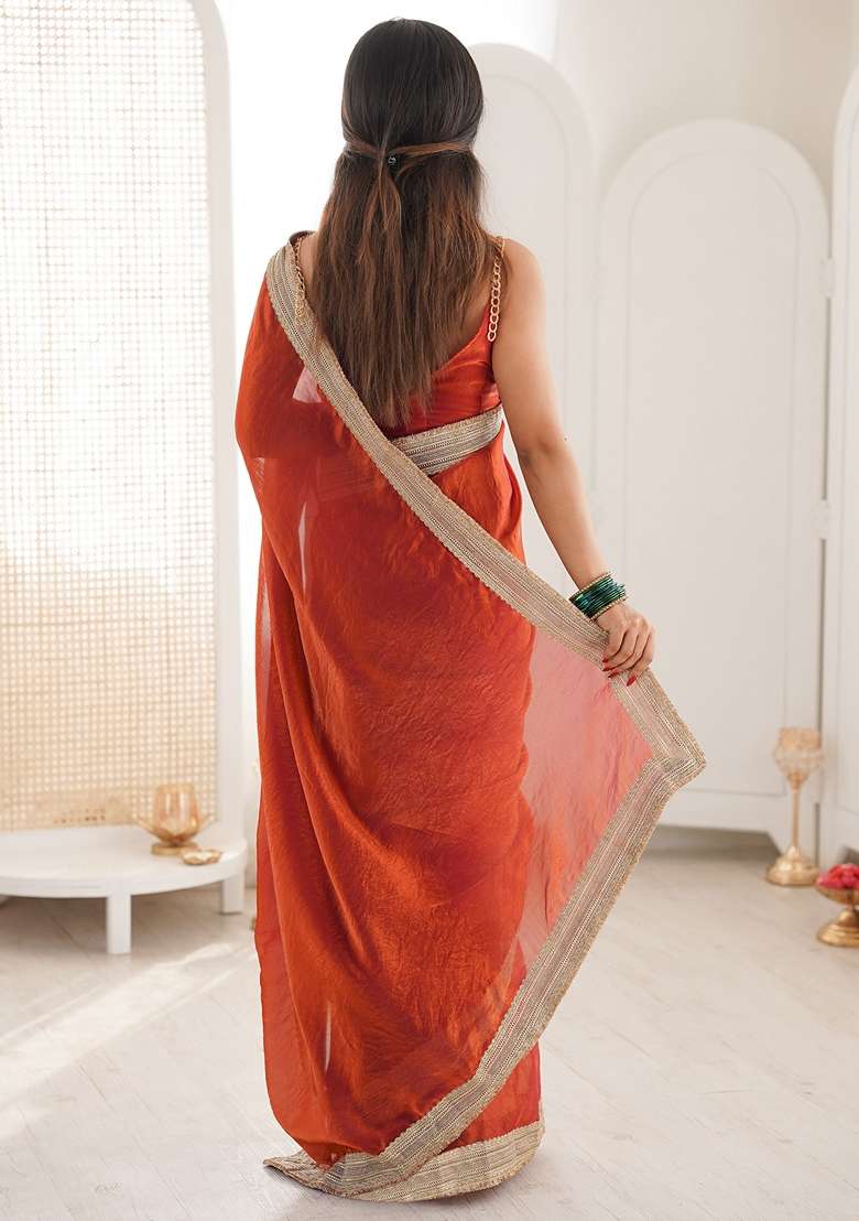 Orange Satin Saree Set with Embroidered for Diwali | Wedding & Festive Wear - Indya