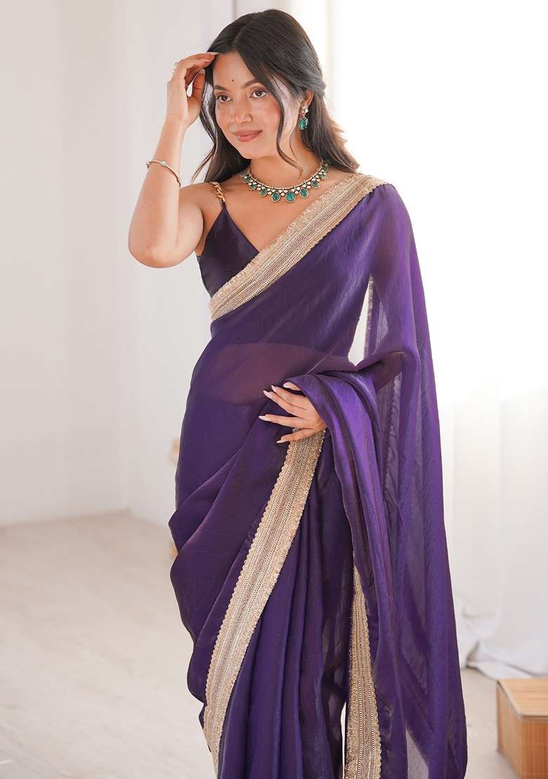Violet Embroidered Satin Saree Set for Diwali and Festive Wear - Indya