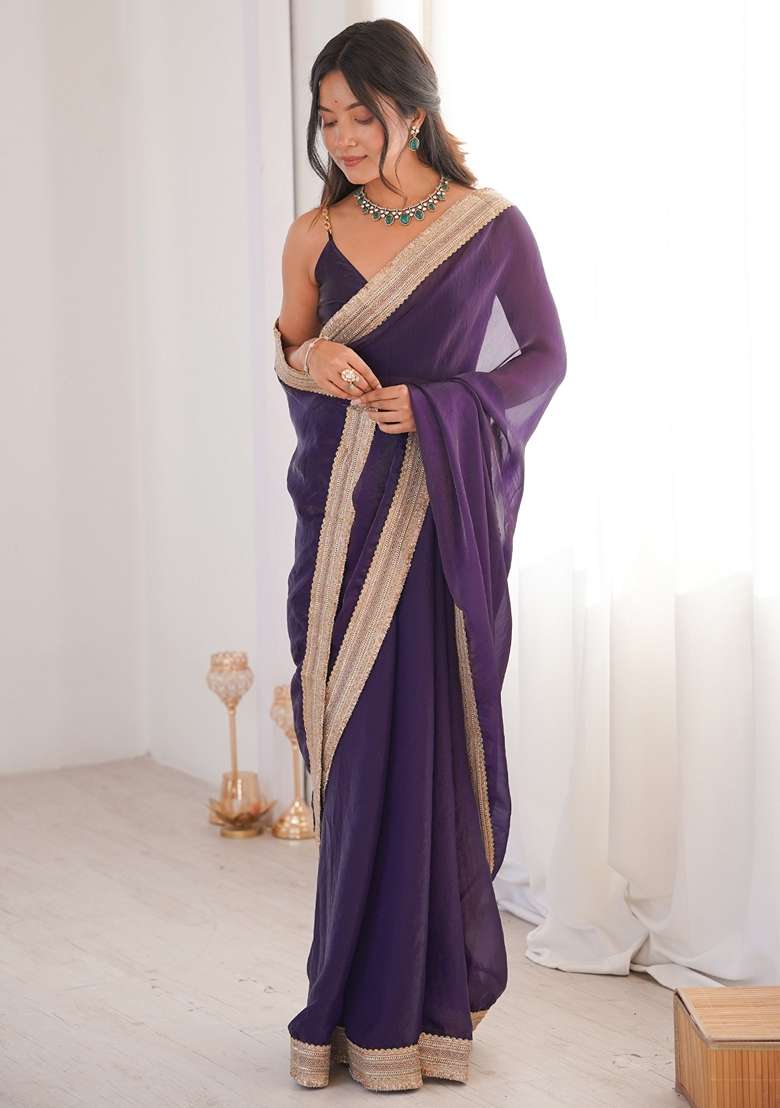 Violet Embroidered Satin Saree Set for Diwali and Festive Wear - Indya