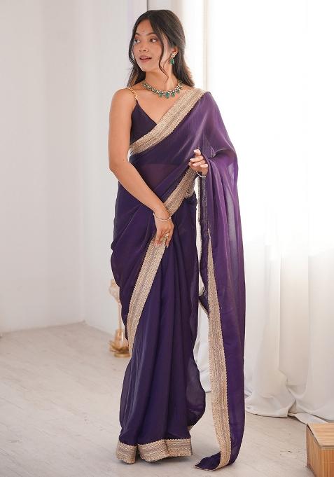 Violet Embroidered Satin Saree Set — view on Indya