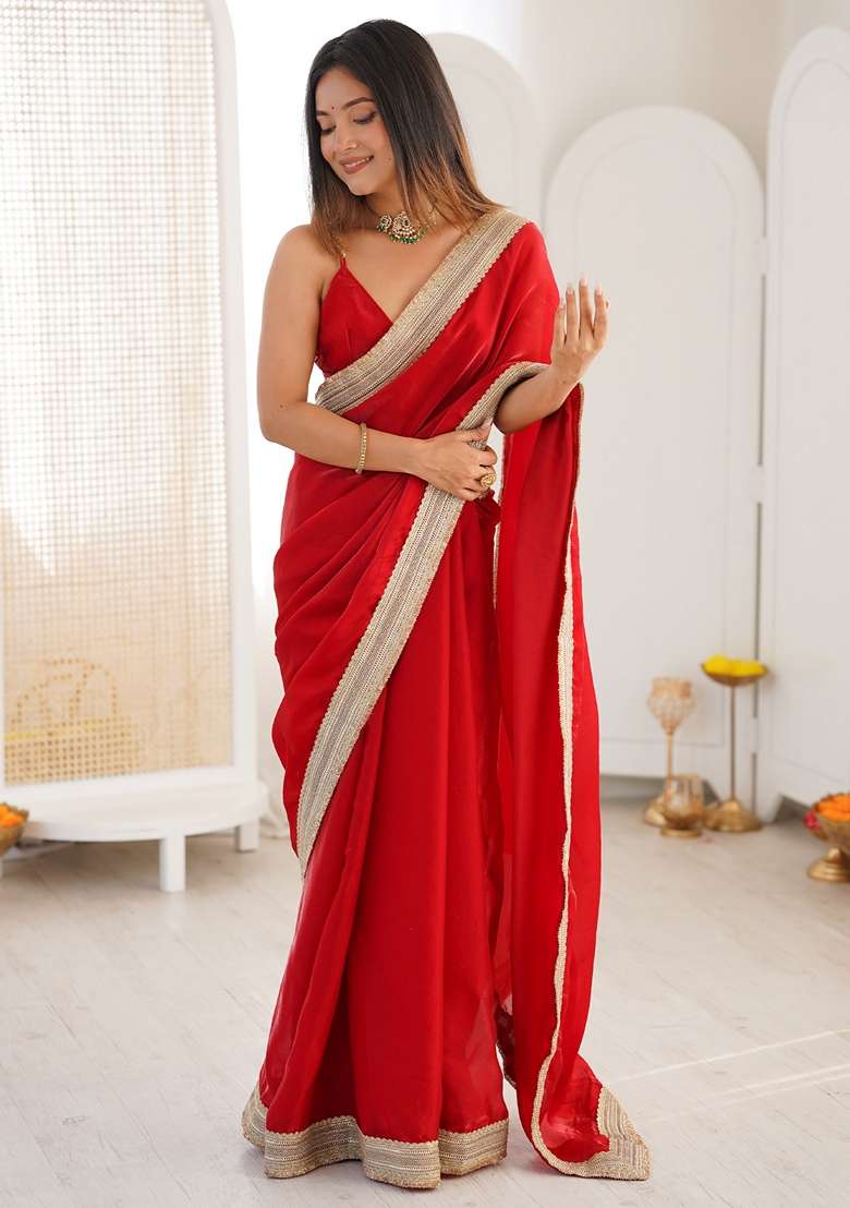 Red Embroidered Satin Saree Set for Diwali and Festive Wear - Indya