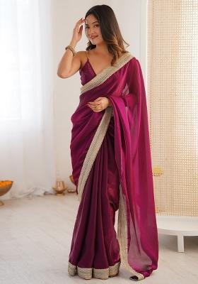 Purple Embroidered Satin Saree Set