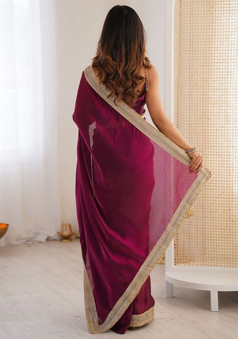 Purple Embroidered Satin Saree Set for Diwali and Festive Wear - Indya