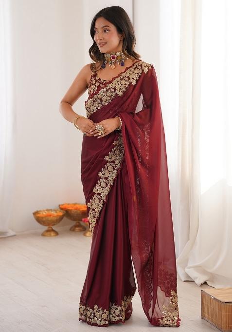 Maroon Embellished Satin Saree Set — view on Indya