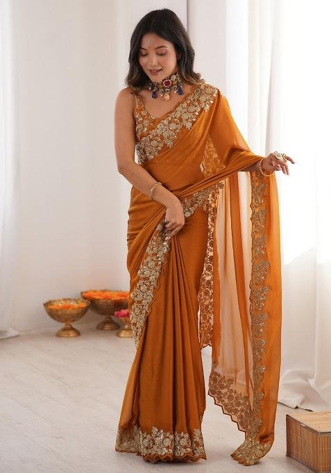 Mustard Embellished Satin Saree Set