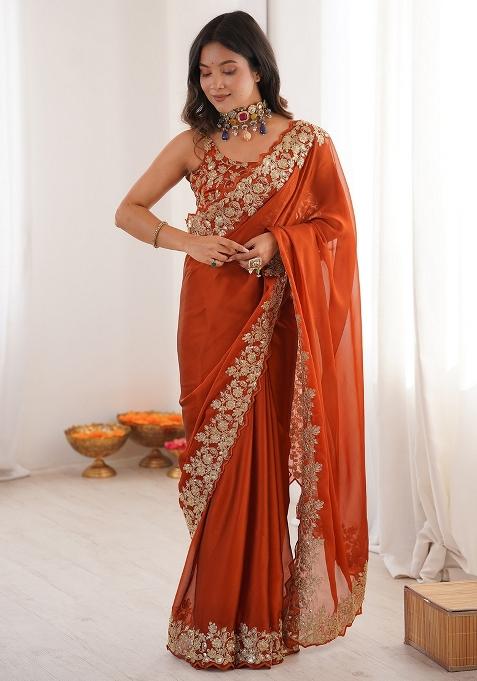 Rust Embellished Satin Saree Set — view on Indya