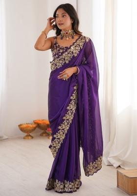 Purple Embellished Satin Saree Set