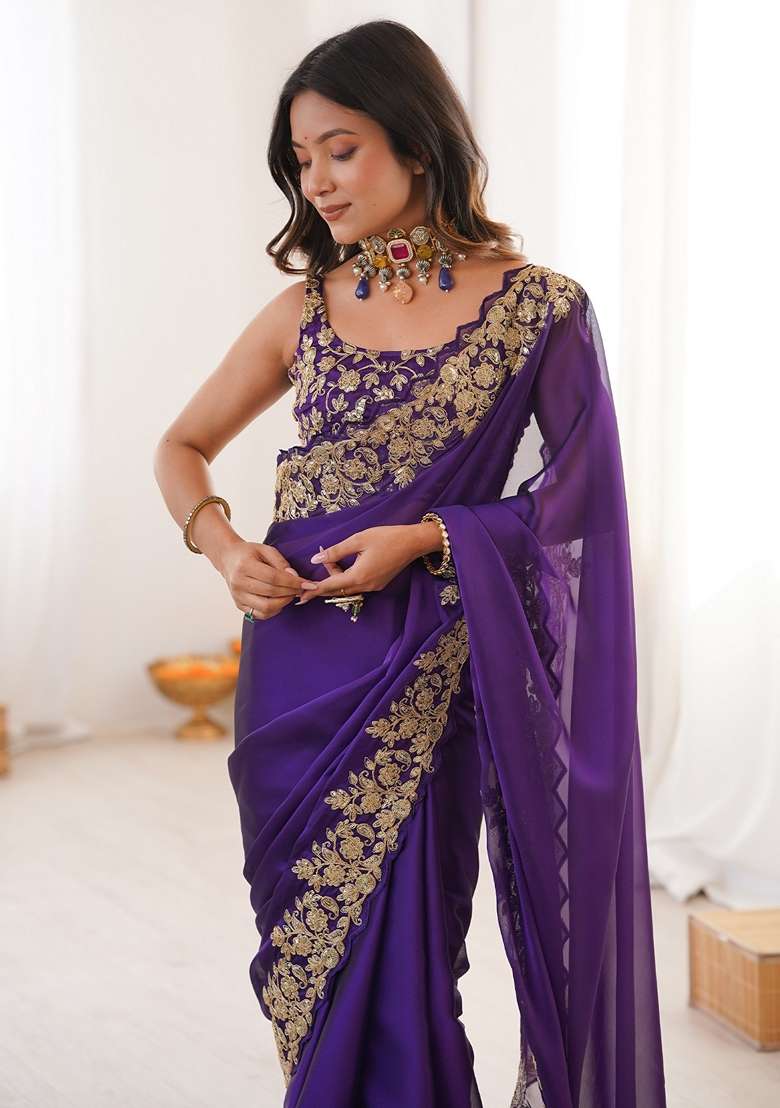 Purple Embellished Satin Saree Set for Diwali and Festive Wear - Indya