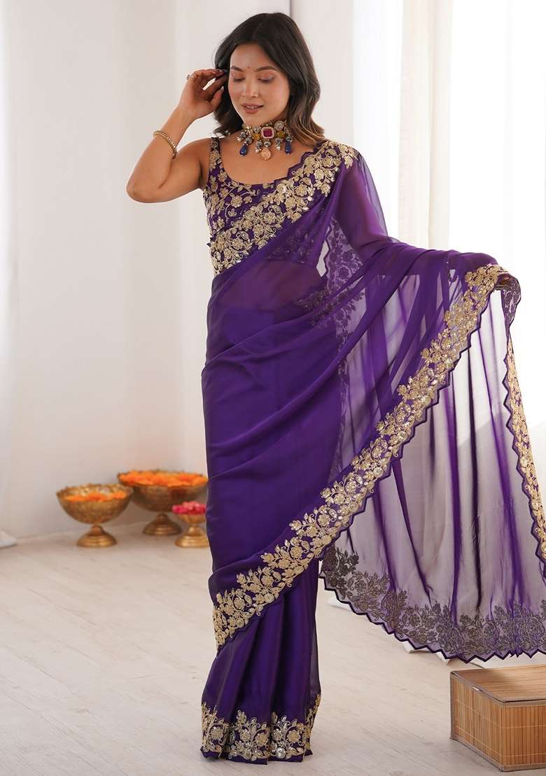 Purple Embellished Satin Saree Set for Diwali and Festive Wear - Indya