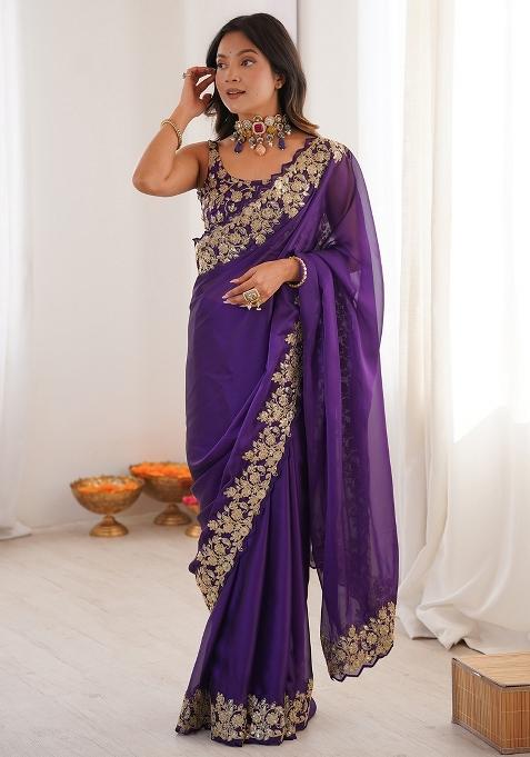 Purple Embellished Satin Saree Set