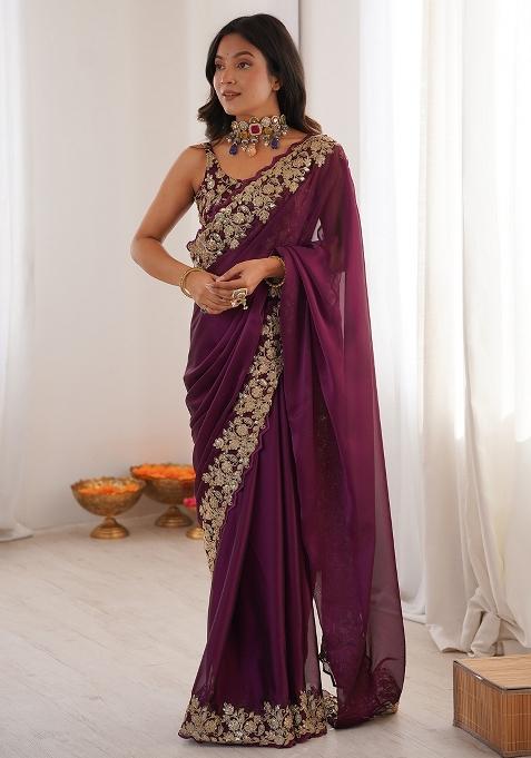 Wine Embellished Satin Saree Set