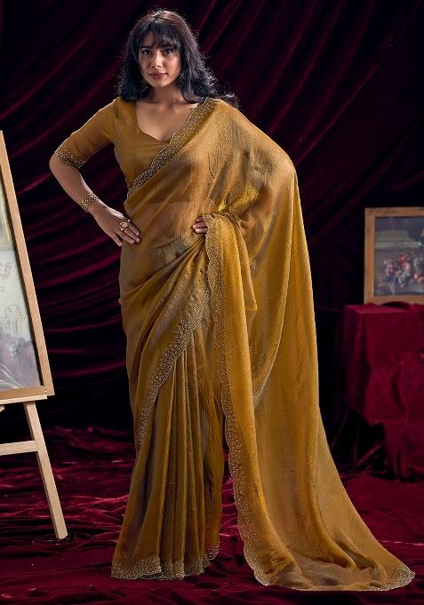 Golden Embellished Silk Saree Set