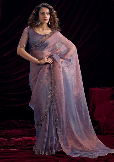 Metallic Embellished Silk Blend Saree Set