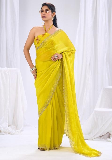 Lemon Yellow Embellished Silk Saree Set