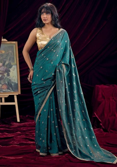 Teal Green Embellished Silk Saree Set