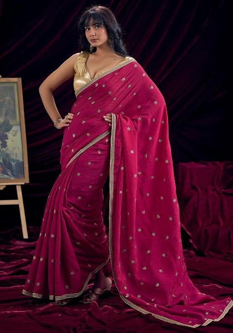 Pink Embellished Silk Saree Set — view on Indya