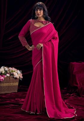 Pink Solid Silk Blend Saree Set