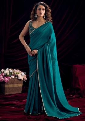 Teal Blue Solid Silk Blend Saree Set