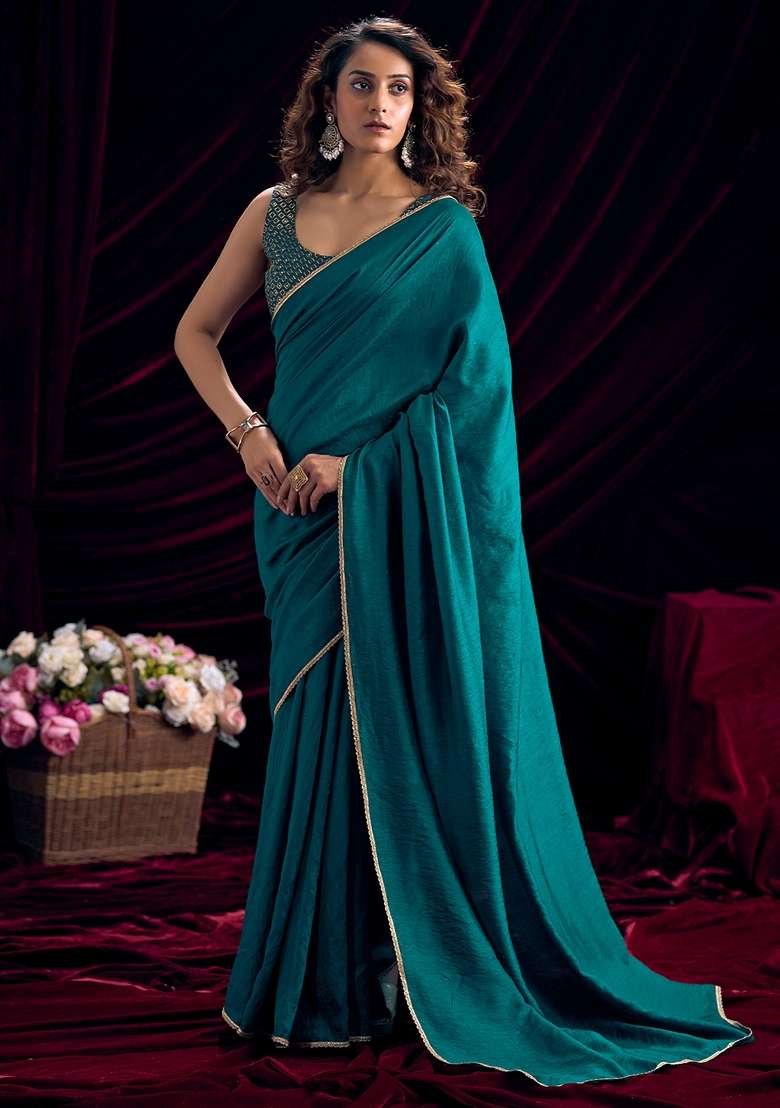 Teal Blue Solid Silk Blend Saree Set for Diwali and Festive Wear - Indya