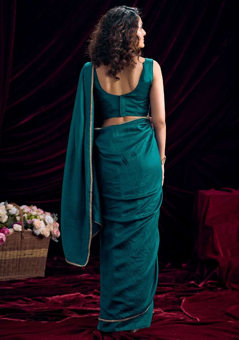 Teal Blue Solid Silk Blend Saree Set for Diwali and Festive Wear - Indya