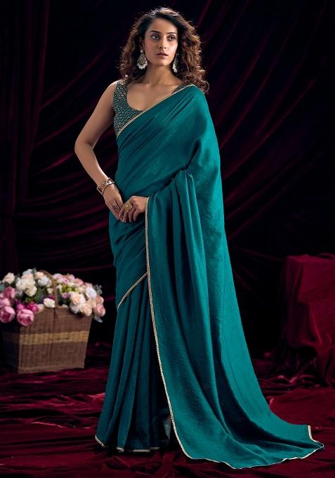 Teal Blue Solid Silk Saree Set — view on Indya