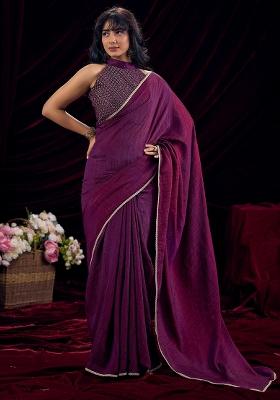 Purple Solid Silk Blend Saree Set