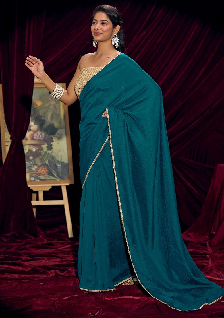 Teal Blue Solid Silk Blend Saree Set for Diwali | Wedding & Festive Wear - Indya