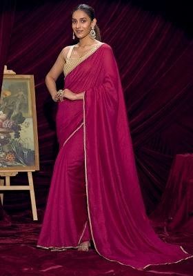 Pink Solid Silk Blend Saree Set