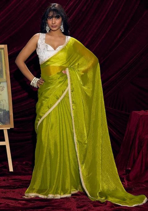 Olive Solid Silk Blend Saree Set
