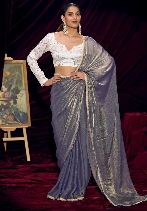 Metallic Solid Silk Blend Saree Set