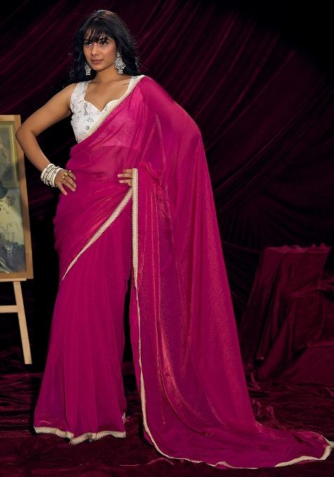 Pink Solid Silk Saree Set — view on Indya