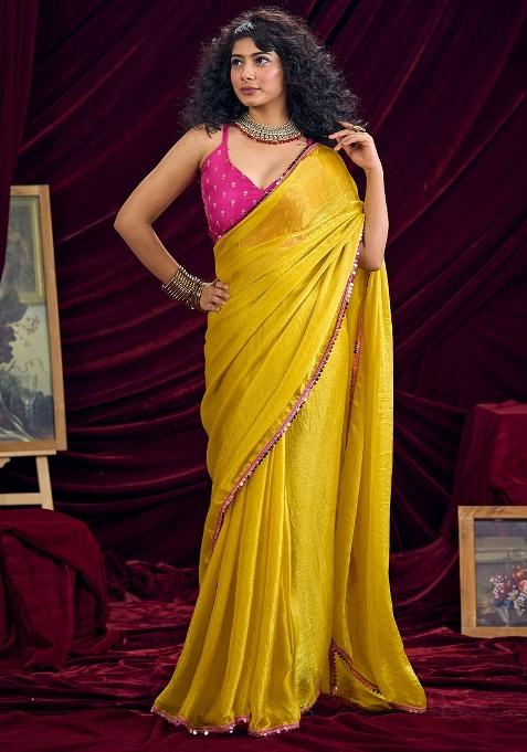 Mustard Embellished Silk Saree Set
