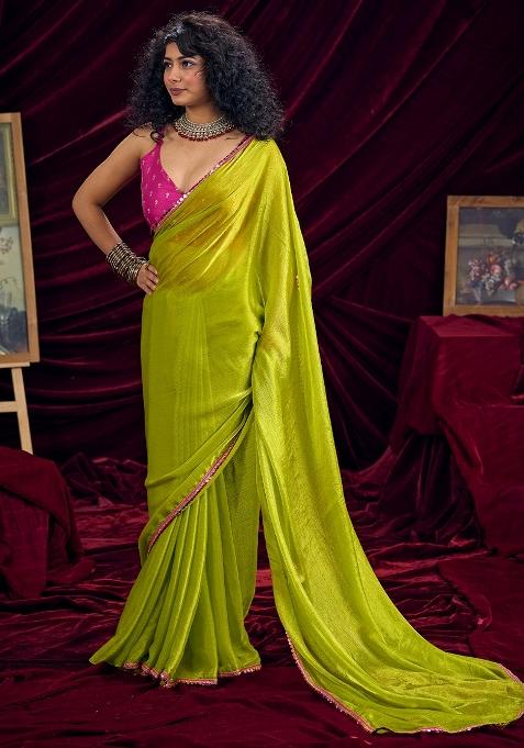 Olive Embellished Silk Blend Saree Set