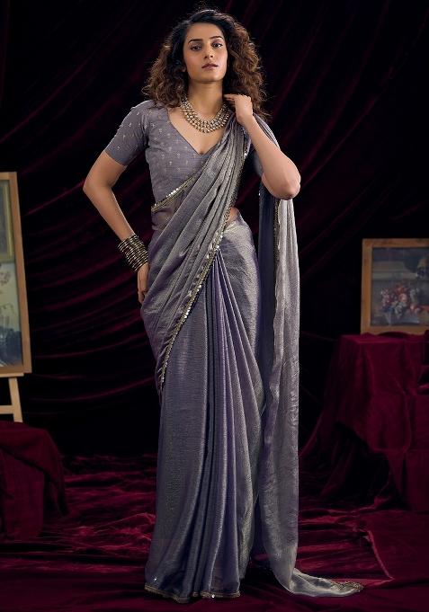 Metallic Embellished Silk Blend Saree Set