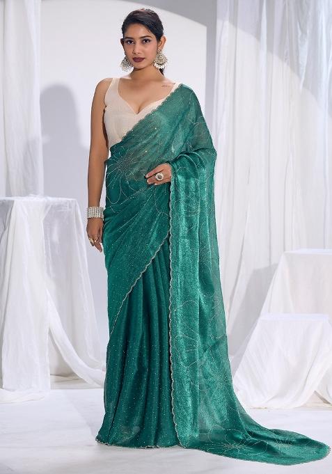 Teal Green Embellished Silk Saree Set — view on Indya