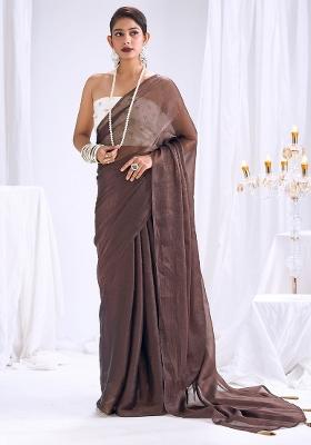 Coffee Brown Solid Silk Blend Saree Set