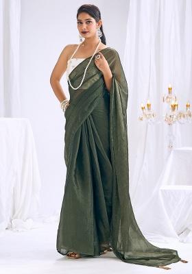 Olive Solid Silk Blend Saree Set